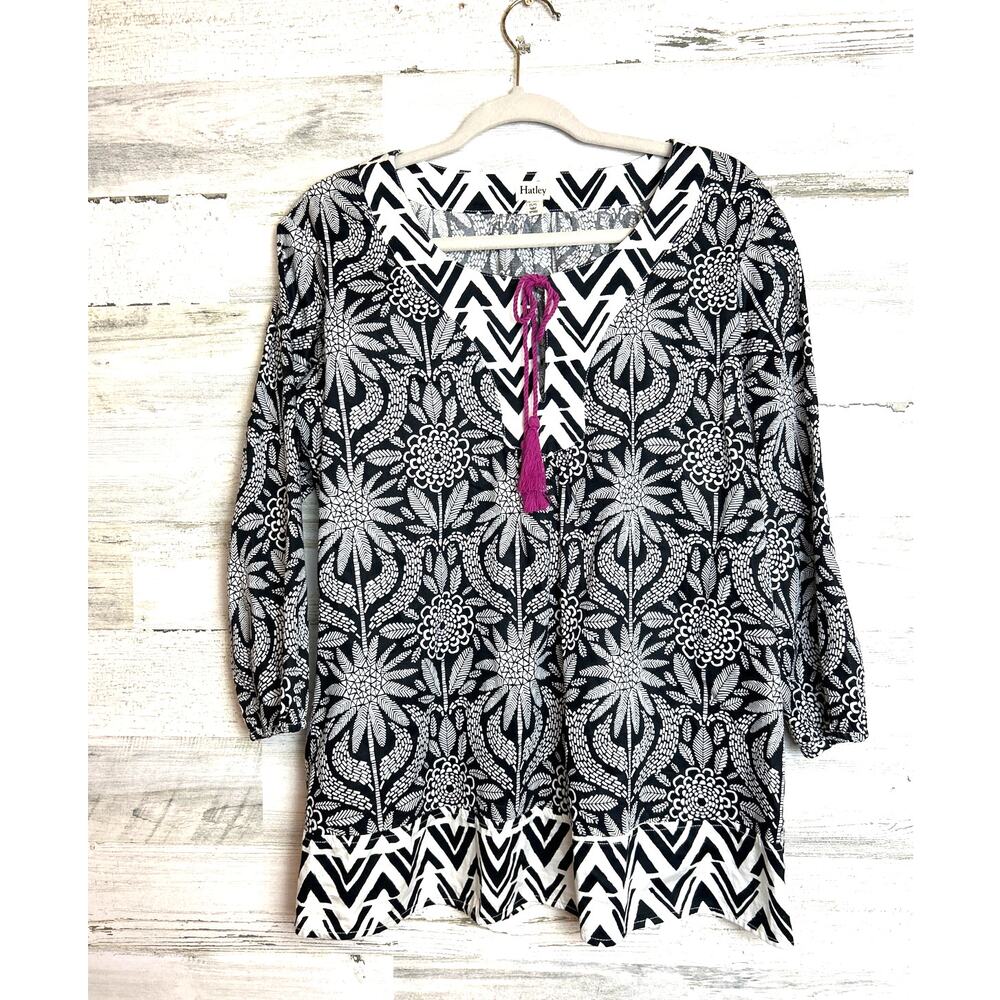 Hatley Womens M Black White Geometric Print Tie Front 3/4 Sleeve Boho Blouse top